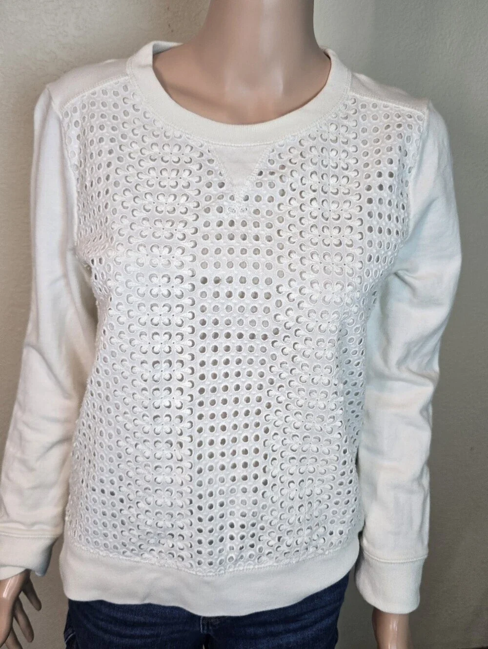 J Crew Sweater Sweatshirt Lace Detail White Long Sleeve Medium